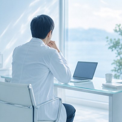 デスクで考え込む白衣の医師の後ろ姿