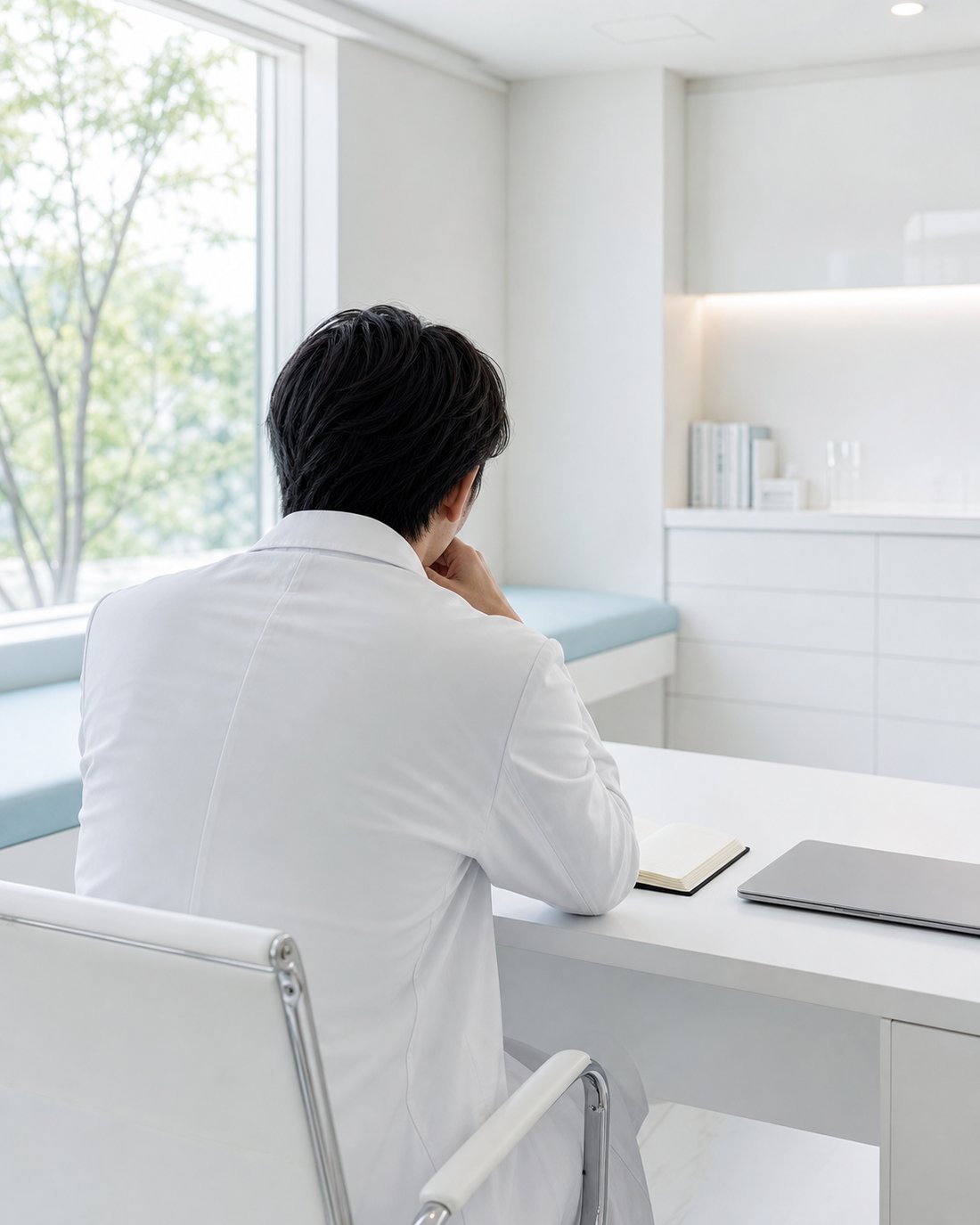 デスクで考え込む白衣の医師の後ろ姿