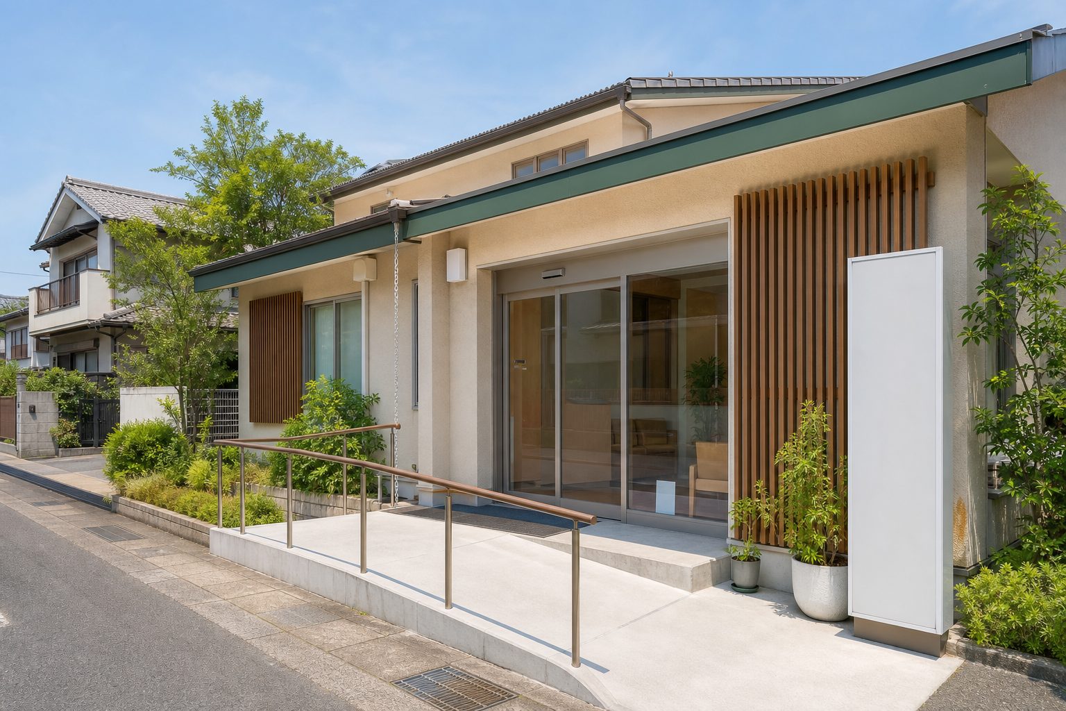 くすのき心療内科・内科クリニックの外観。深緑の庇と木の格子の入り口